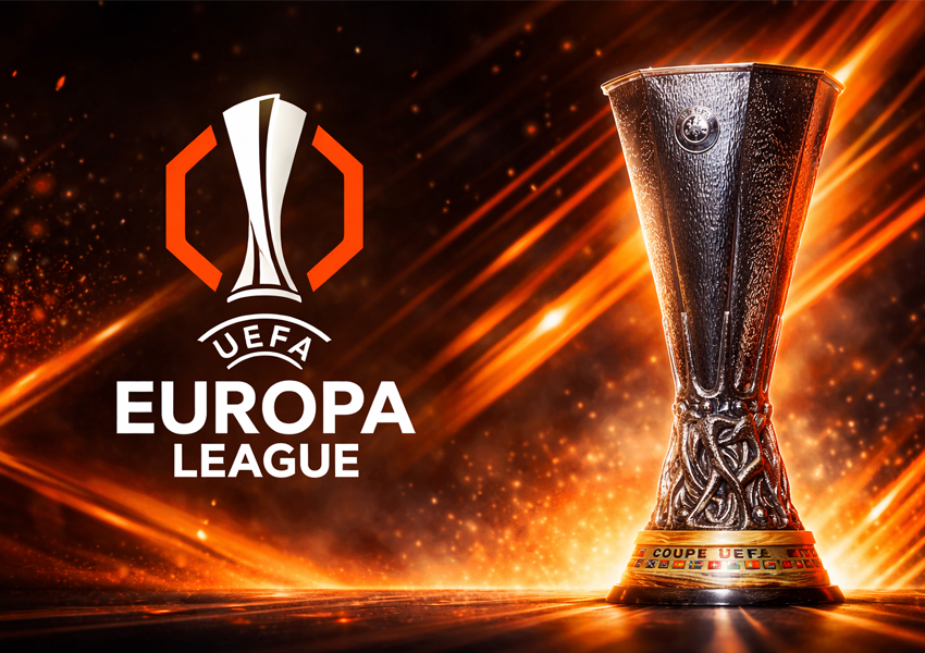 Imagem mostra a taça da UEFA Europa League, juntamente com sua logo