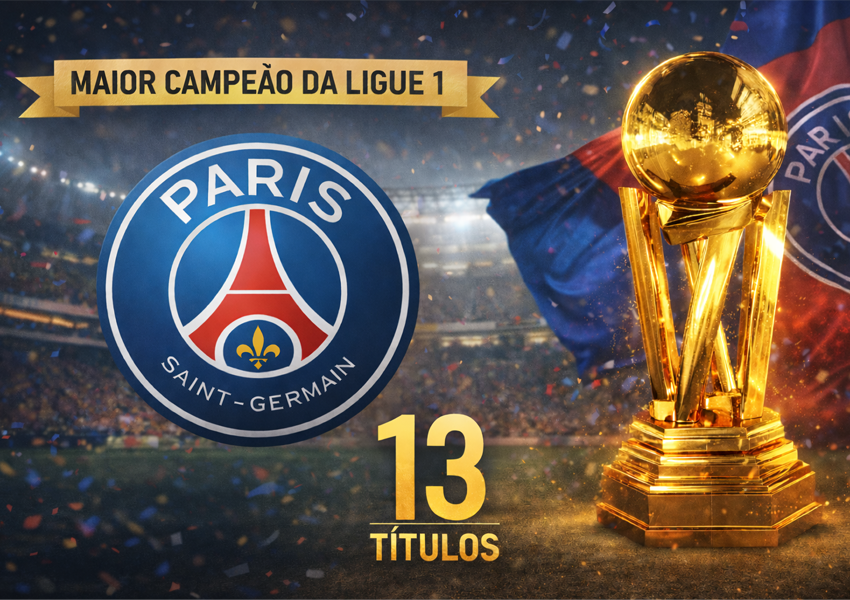 A imagem mostra o Paris Saint-Germain é o maior campeão da Ligue 1, com 13 títulos
