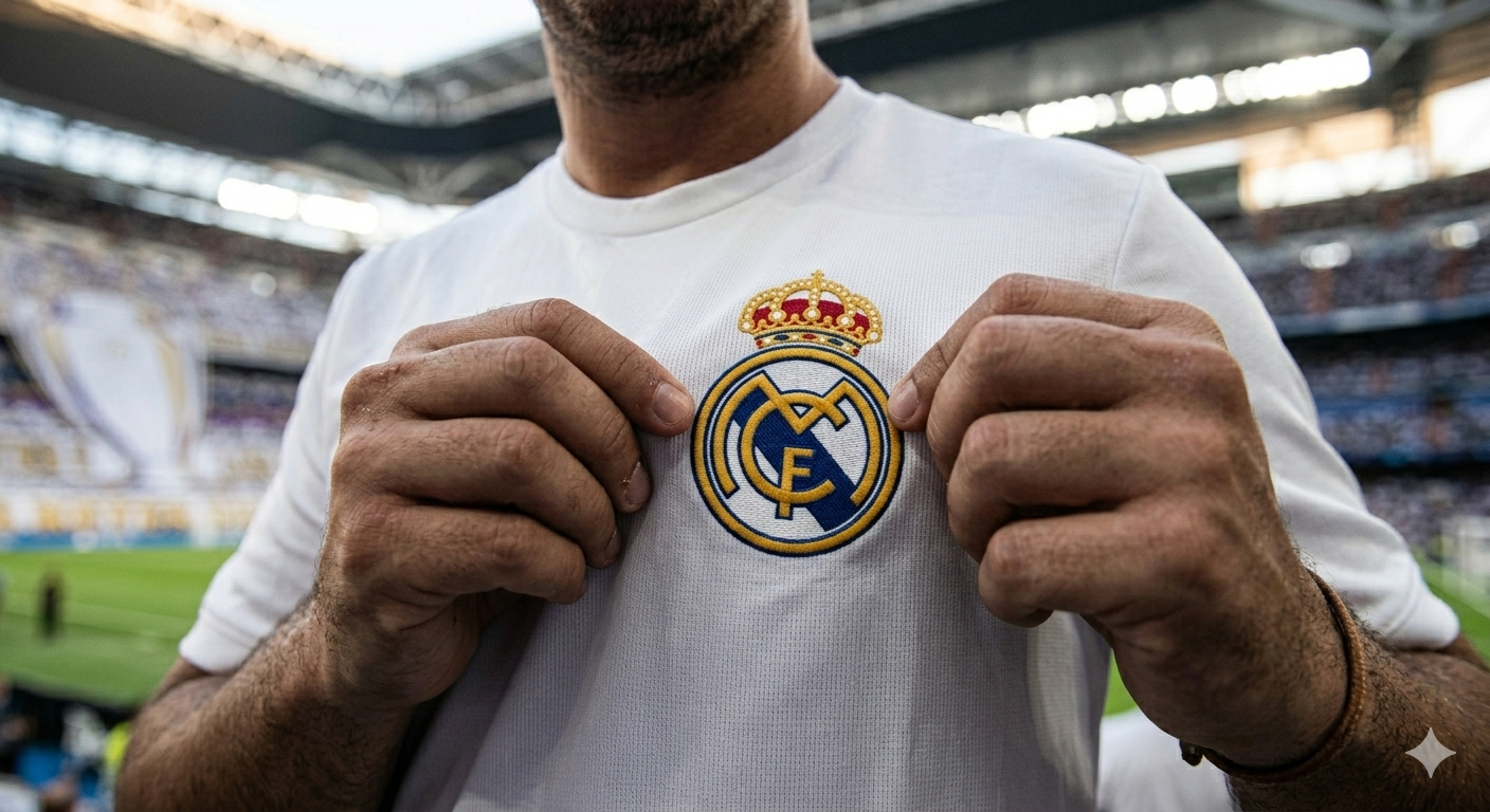 Jogador exp&otilde;e com orgulho o escudo oficial do Real Madrid, um dos maiores da Europa