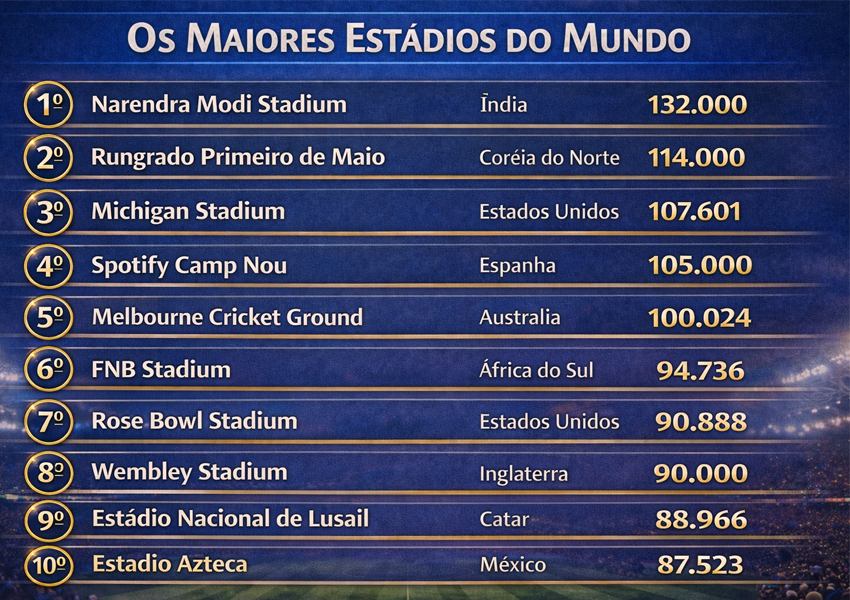 Imagem mostra o ranking dos maiores estádios do mundo em 2026
