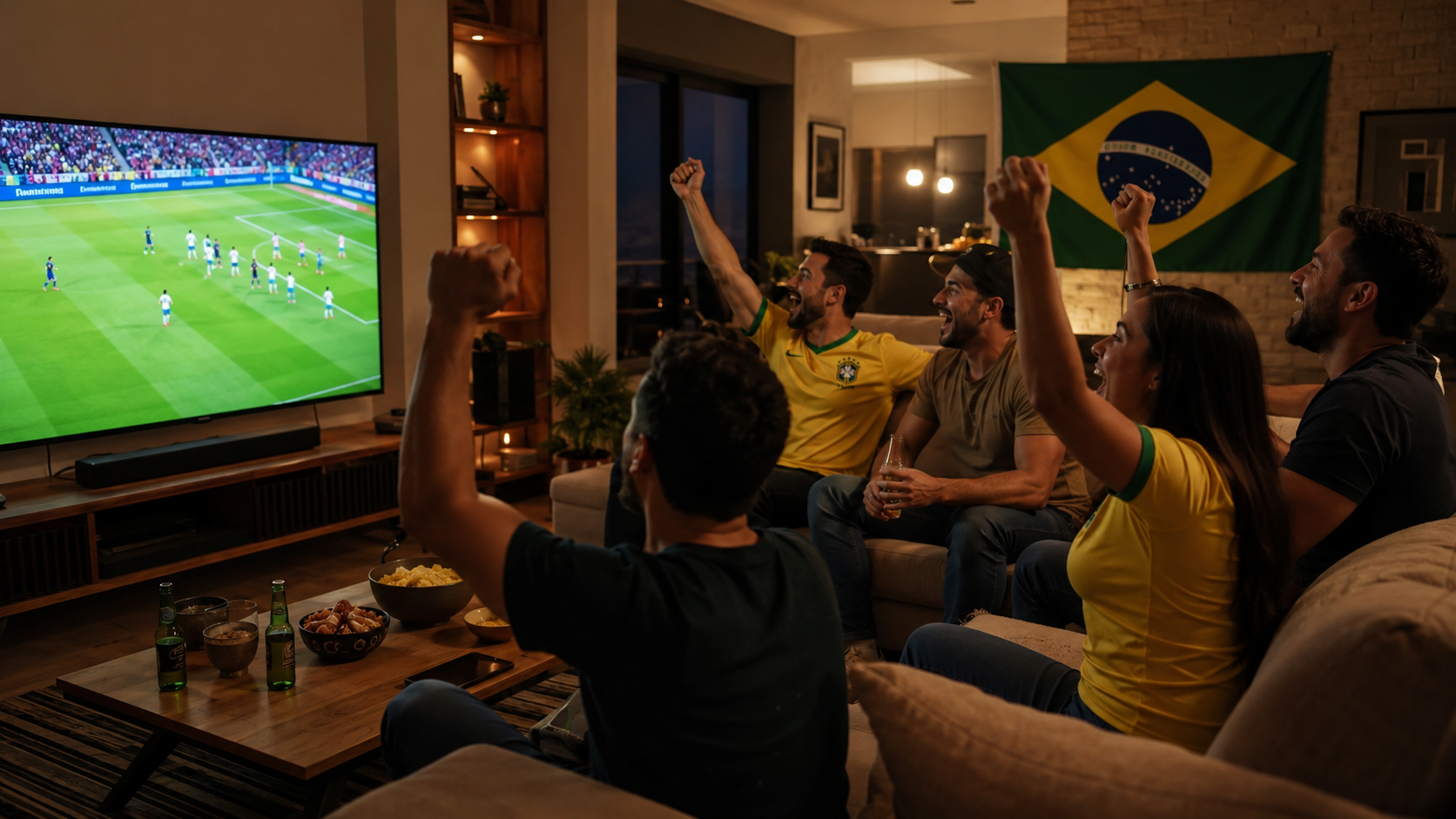 Brasileiros assistindo aos jogos de futebol 07/03/2026 pela TV