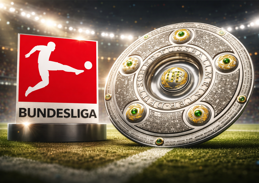 A imagem mostra a ta&ccedil;a da Bundesliga, assim como a logotipo da competi&ccedil;&atilde;o