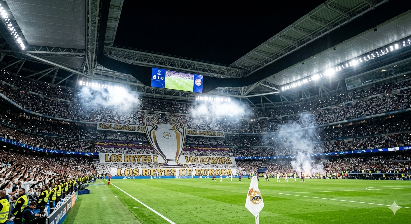 Santiago Bern&aacute;beu, noite lotada. Real Madrid, os Reis da Europa, entram em campo