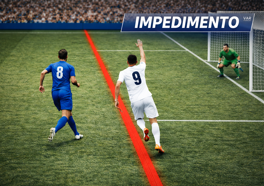 Imagem mostrando uma situação de impedimento com o atacante na frente do penúltimo defensor