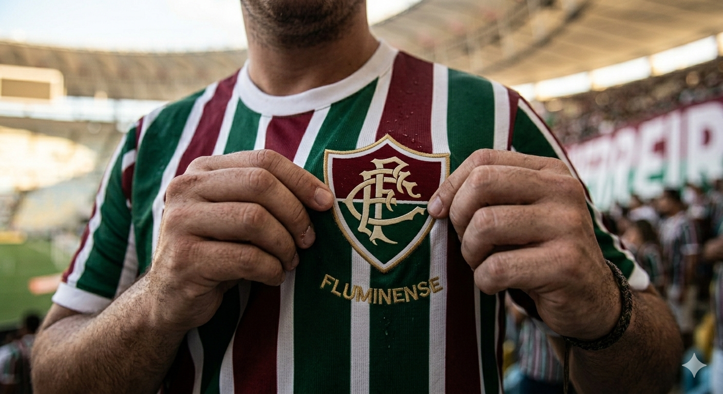 Camisa Cl&aacute;ssica do Fluminense, torcedor comemora vit&oacute;ria em campo