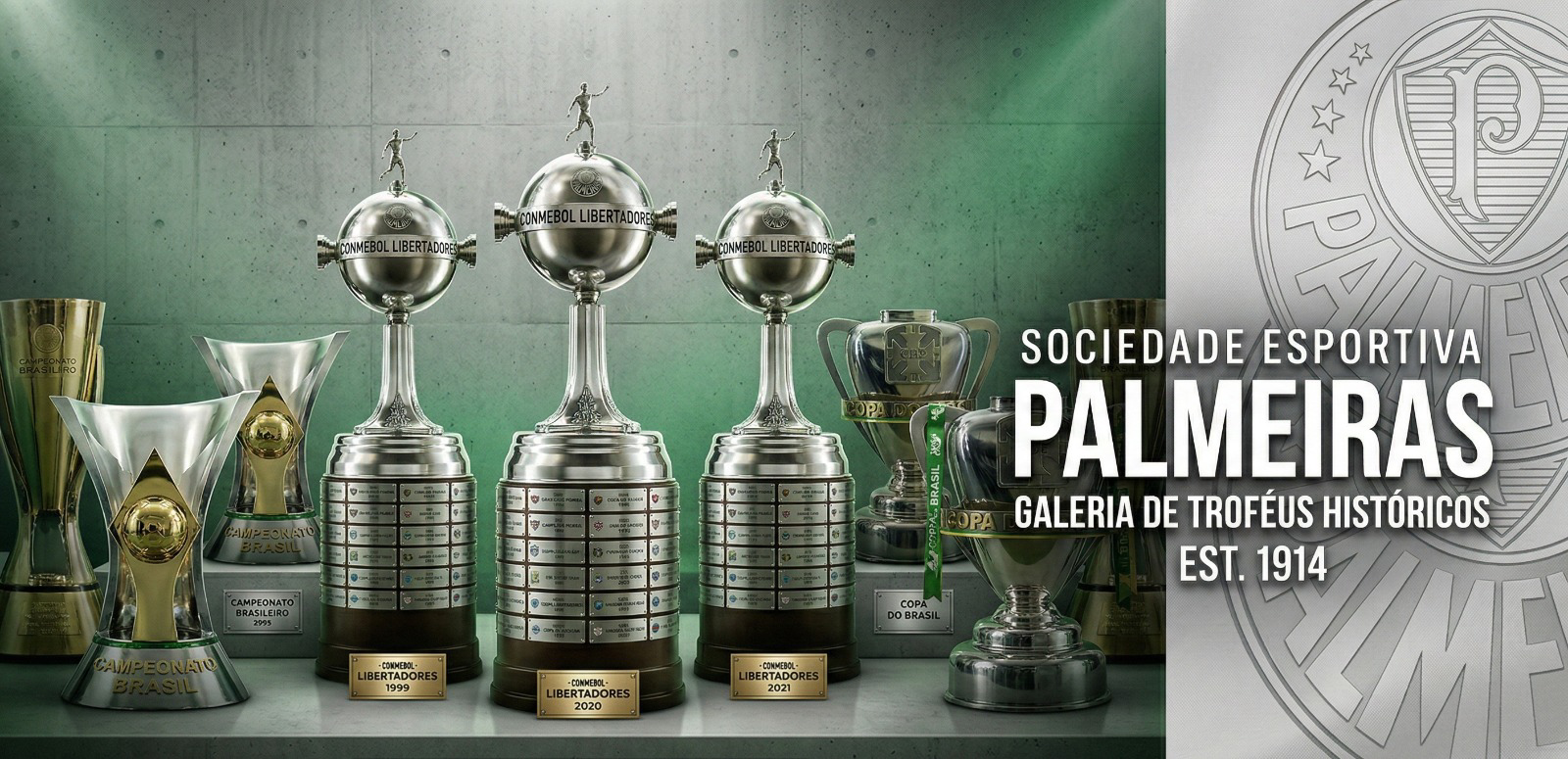 Composição gráfica apresentando uma galeria de troféus do Palmeiras