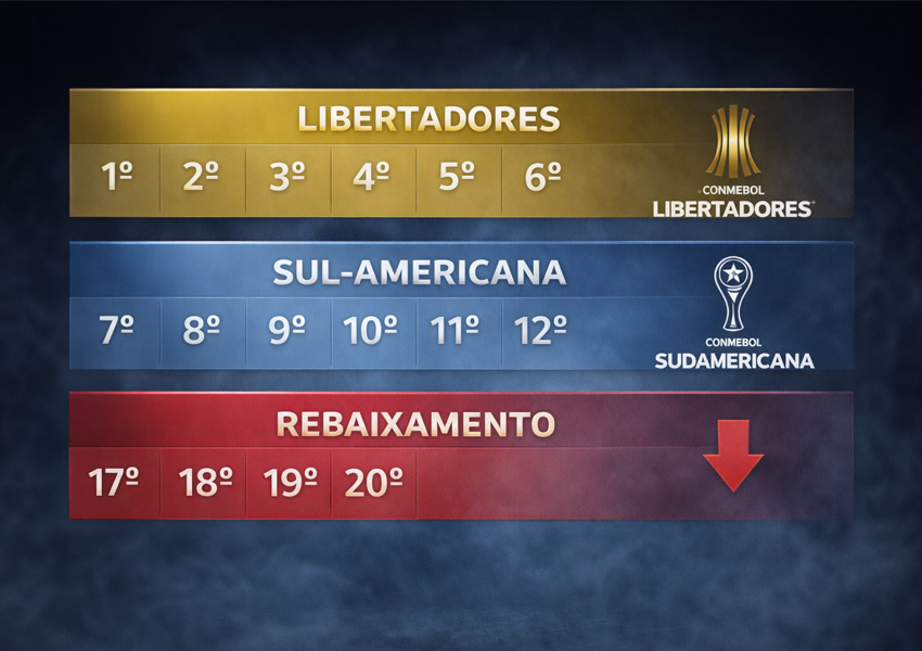 Coloca&ccedil;&otilde;es e classifica&ccedil;&atilde;o para Libertadores, Sul-Americana e Rebaixamento